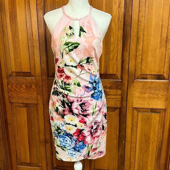 Guess Coral Multicolored Floral Halter Keyhole Side Ruching Bodycon Dress Size 6 - Picture 2 of 13